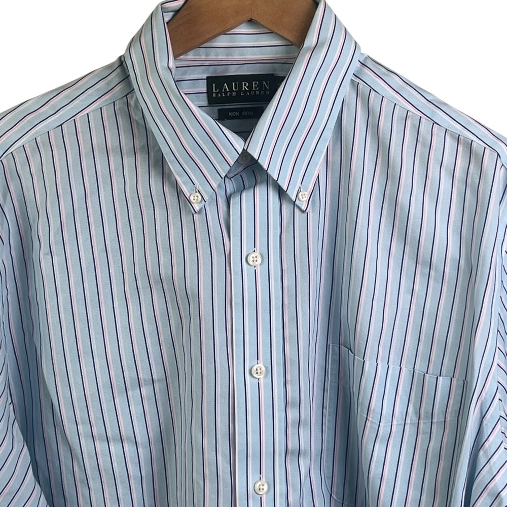Lauren Ralph Lauren Aqua Pink‎ Striped Non Iron Button Dress Shirt 17 1/2x34/35